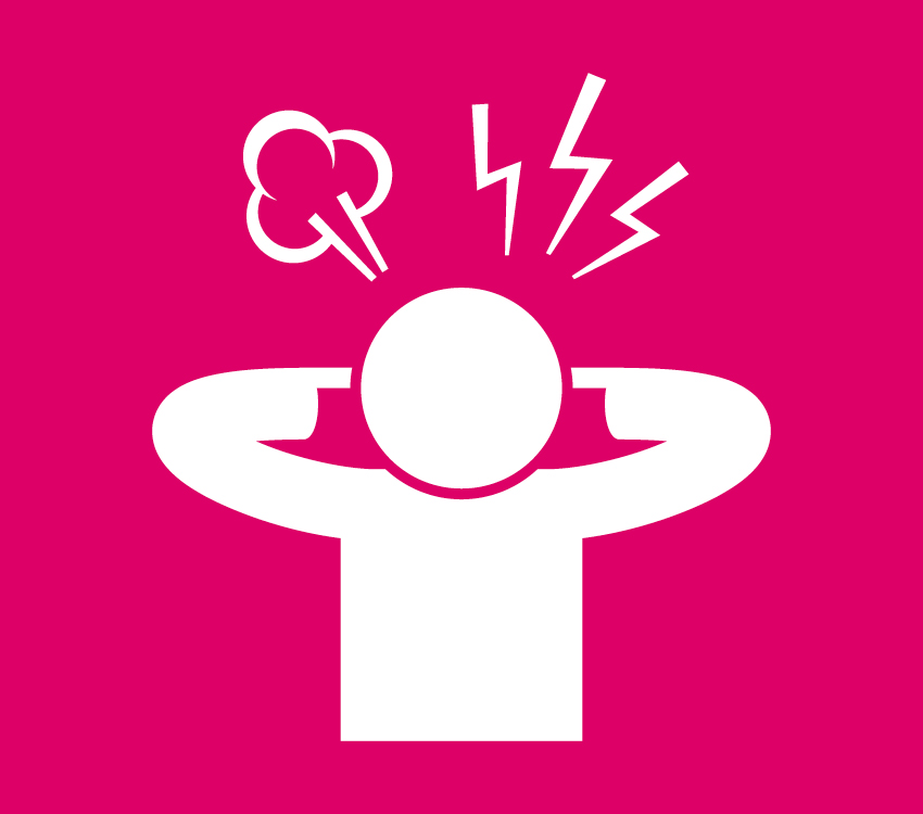 Icon of a person with hands near ears and noise symbols appearing 